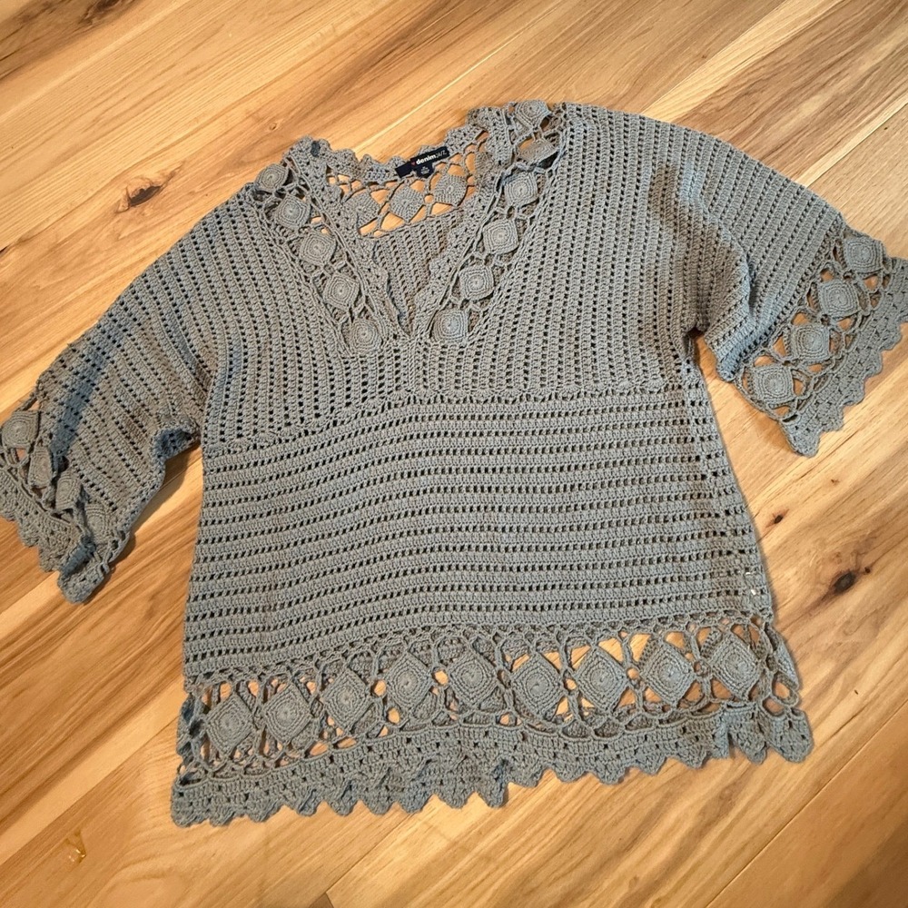 Denim 24/7 Crochet Sweater Womens M 14/16 Gray Boho Oversized 3/4 Sleeve